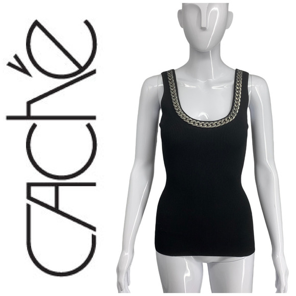 Vintage Y2K Cache Sz M Black Ribbed Knit Sleeveless Sweater Tank Chain Detail - Picture 1 of 8